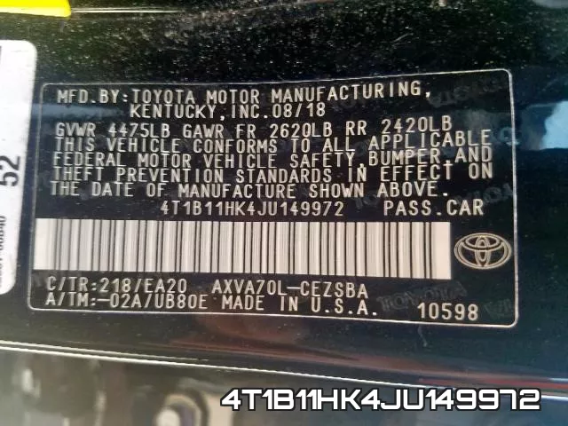 4T1B11HK4JU149972 фото 2