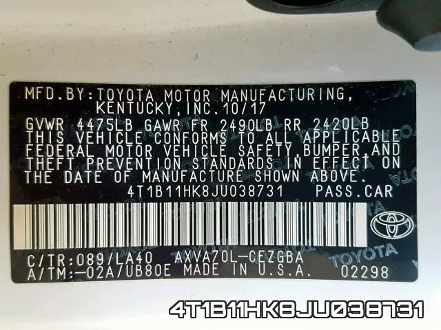 4T1B11HK8JU038731 фото 2