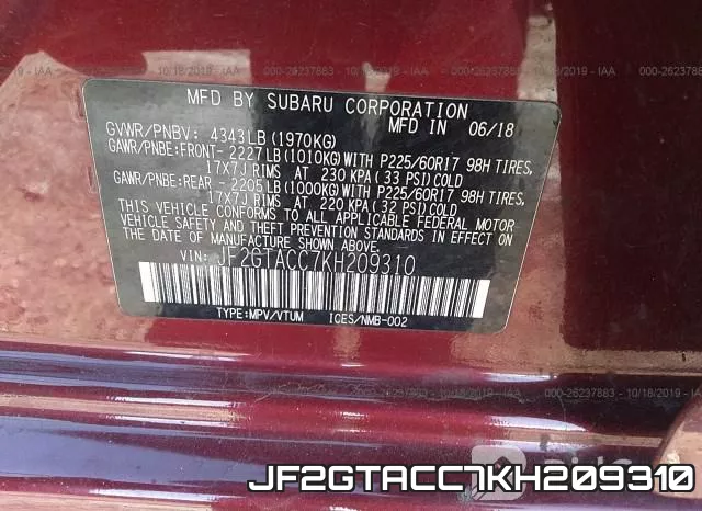 JF2GTACC7KH209310 фото 10