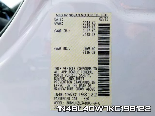 1N4BL4DW7KC198122 фото 2