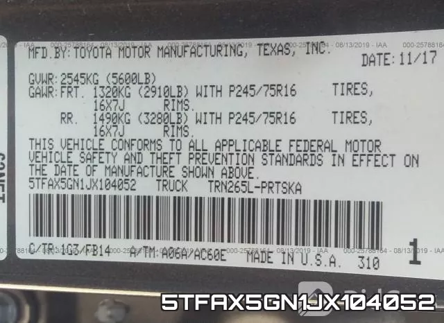 5TFAX5GN1JX104052 фото 10