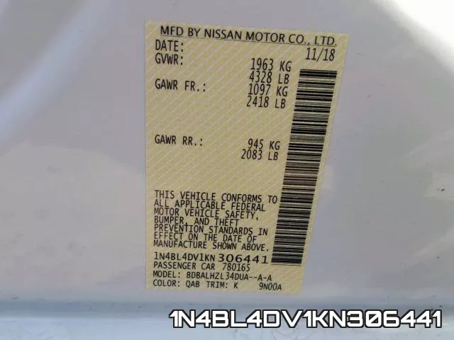 1N4BL4DV1KN306441 фото 2