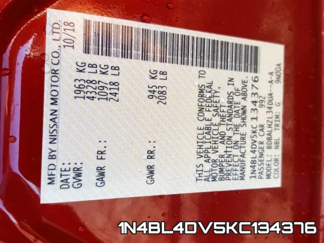 1N4BL4DV5KC134376 фото 2