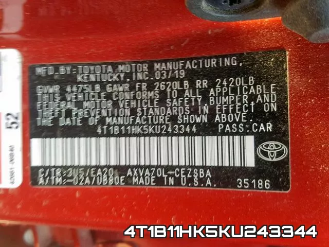 4T1B11HK5KU243344 фото 2