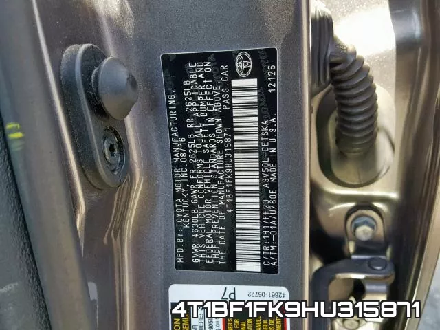 4T1BF1FK9HU315871 фото 2