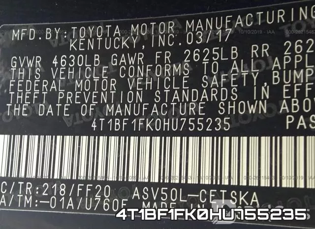 4T1BF1FK0HU755235 фото 10