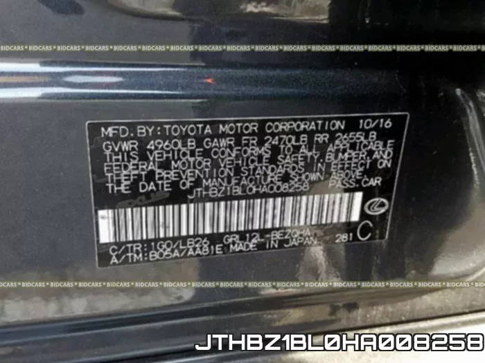 JTHBZ1BL0HA008258 фото 2