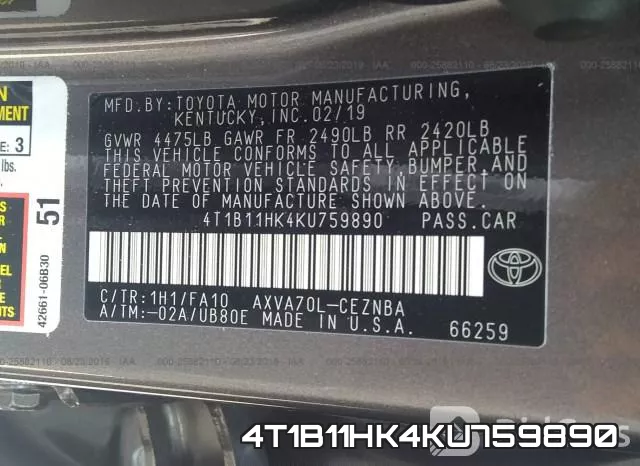 4T1B11HK4KU759890 фото 10