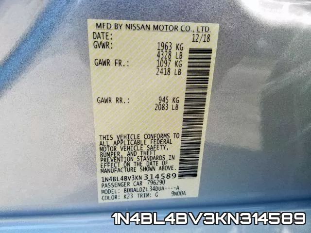 1N4BL4BV3KN314589 фото 2