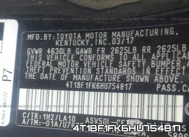 4T1BF1FK6HU754817 фото 10