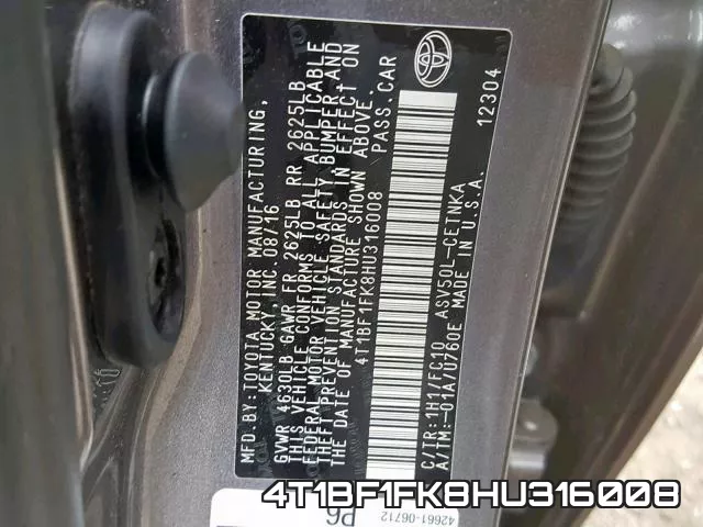 4T1BF1FK8HU316008 фото 2