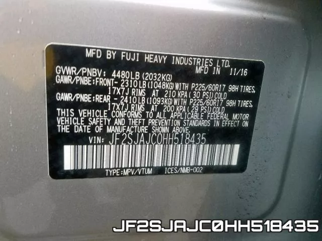 JF2SJAJC0HH518435 фото 2