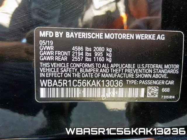 WBA5R1C56KAK13036 фото 2