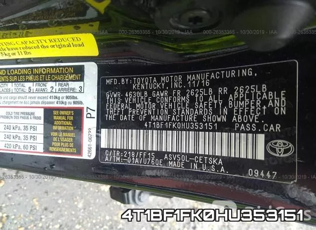 4T1BF1FK0HU353151 фото 10