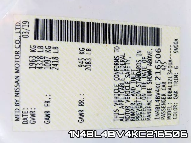 1N4BL4BV4KC216506 фото 2