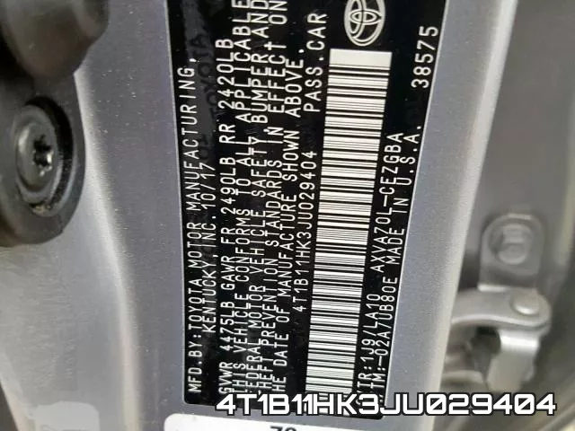 4T1B11HK3JU029404 фото 2