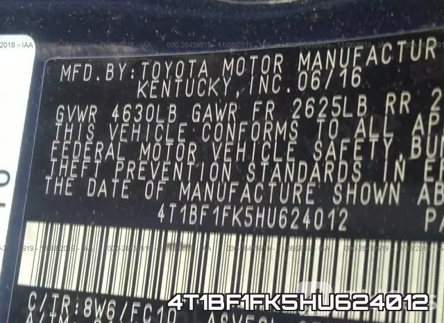 4T1BF1FK5HU624012 фото 10