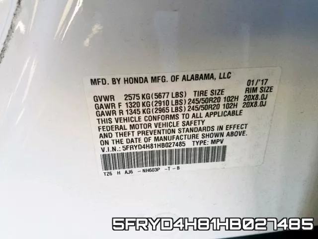 5FRYD4H81HB027485 фото 2