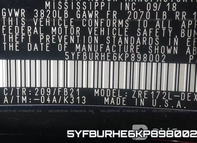 5YFBURHE6KP898002 фото 10