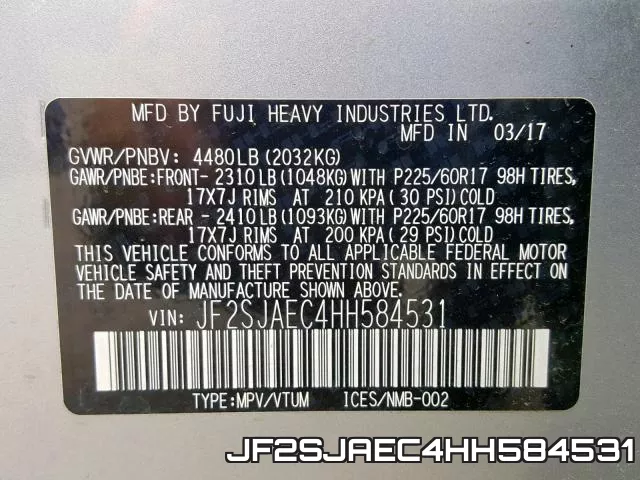 JF2SJAEC4HH584531 фото 2