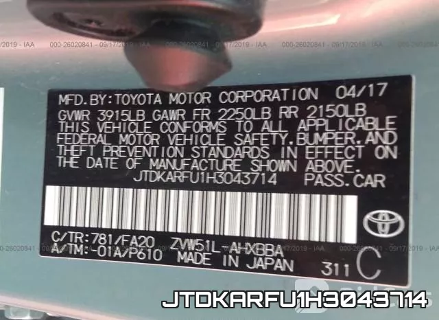 JTDKARFU1H3043714 фото 9