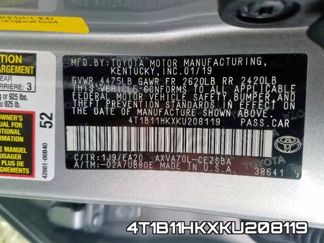 4T1B11HKXKU208119 фото 2