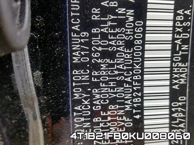 4T1B21FB0KU008060 фото 2
