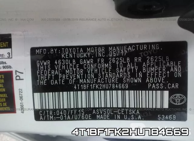 4T1BF1FK2HU784669 фото 10