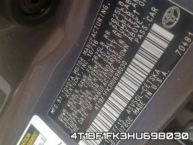 4T1BF1FK3HU698030 фото 2
