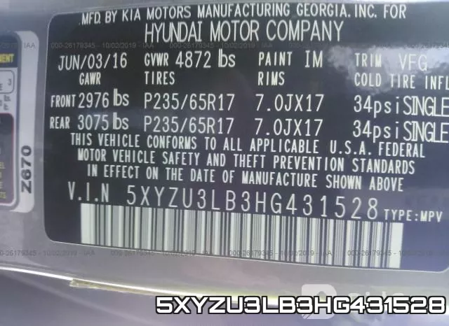 5XYZU3LB3HG431528 фото 10