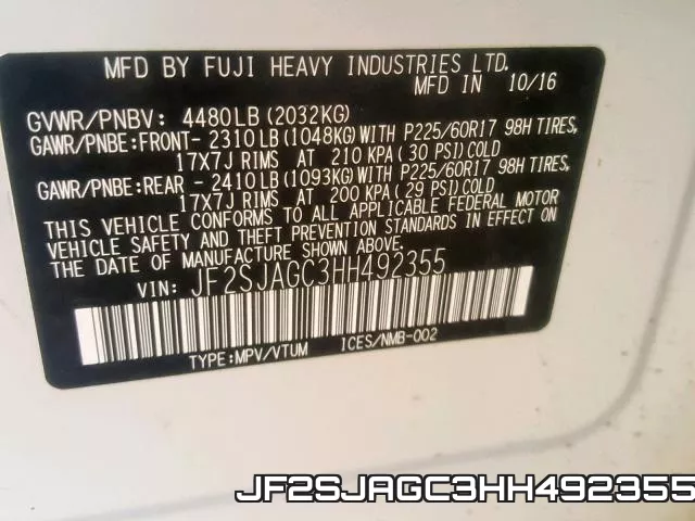 JF2SJAGC3HH492355 фото 2
