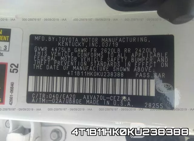 4T1B11HK0KU238388 фото 10