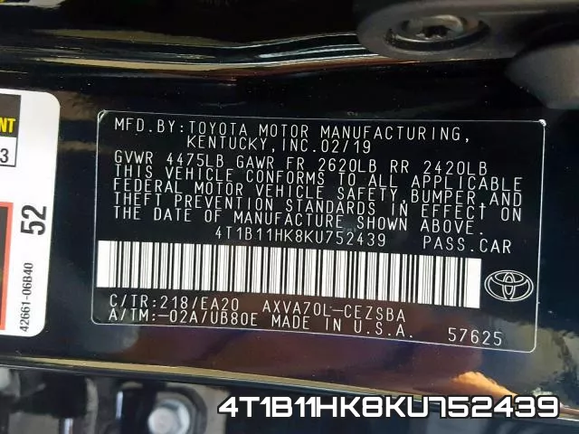 4T1B11HK8KU752439 фото 2