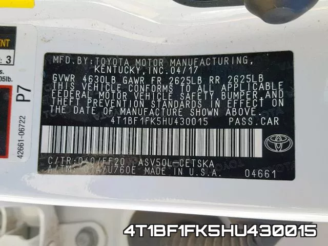 4T1BF1FK5HU430015 фото 2