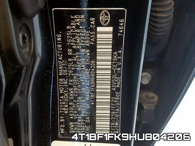 4T1BF1FK9HU804206 фото 2