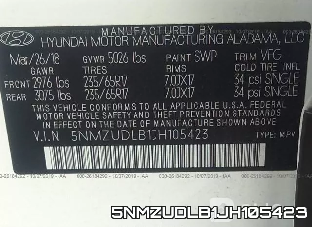 5NMZUDLB1JH105423 фото 10
