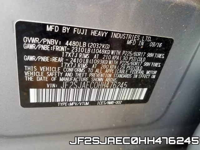 JF2SJAEC0HH476245 фото 2