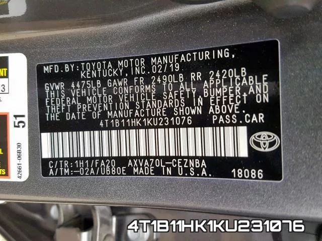4T1B11HK1KU231076 фото 2