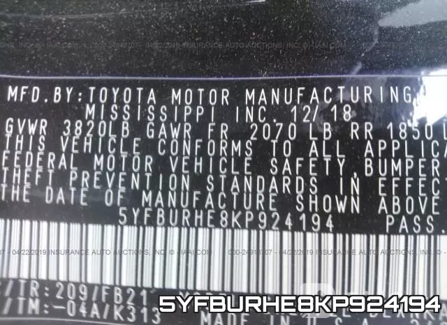 5YFBURHE8KP924194 фото 10