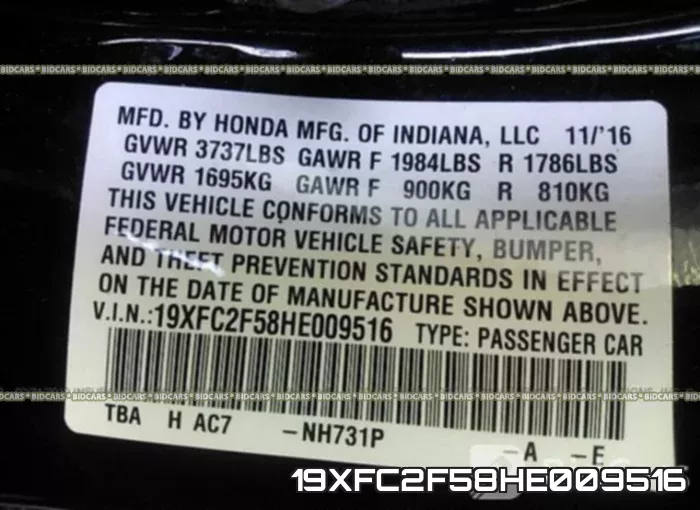 19XFC2F58HE009516 фото 10