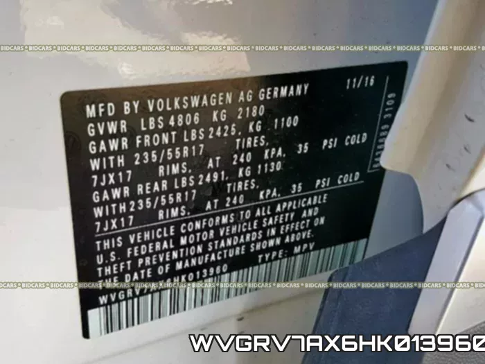 WVGRV7AX6HK013960 фото 2