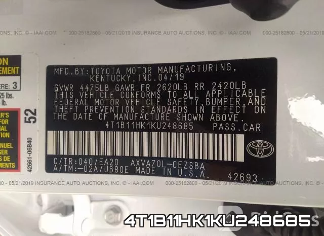 4T1B11HK1KU248685 фото 10