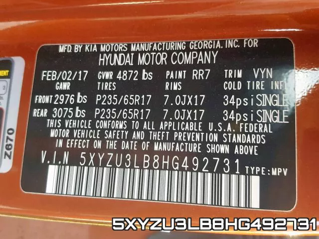 5XYZU3LB8HG492731 фото 2