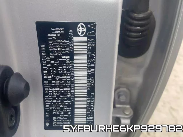 5YFBURHE6KP929782 фото 2