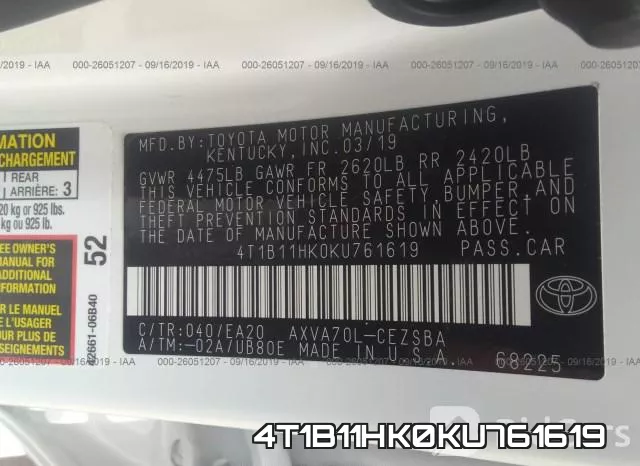4T1B11HK0KU761619 фото 9
