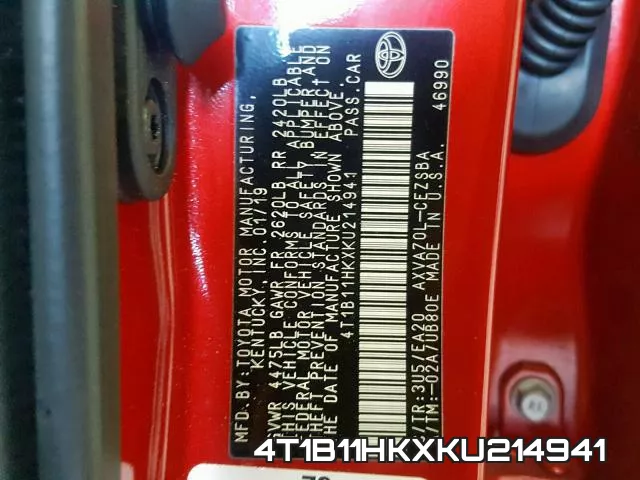 4T1B11HKXKU214941 фото 2