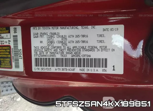 5TFSZ5AN4KX189851 фото 9