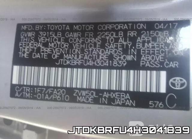 JTDKBRFU4H3041839 фото 10