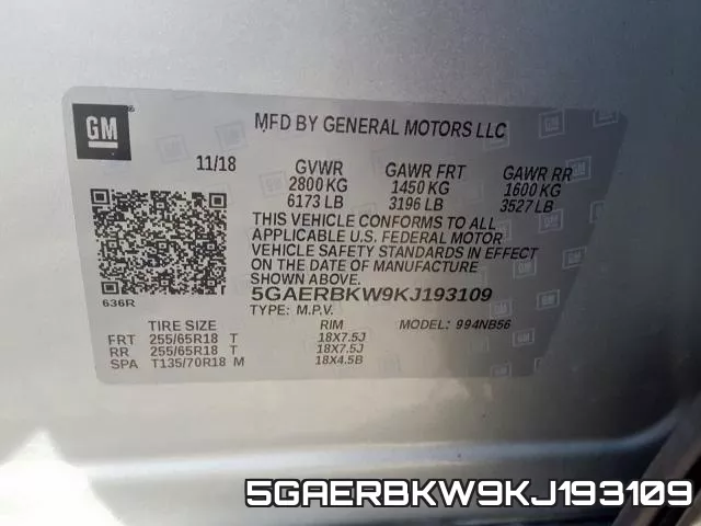 5GAERBKW9KJ193109 фото 2