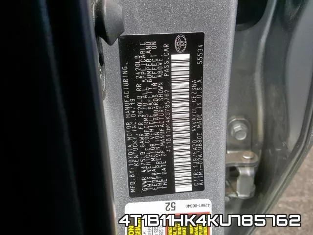4T1B11HK4KU785762 фото 2